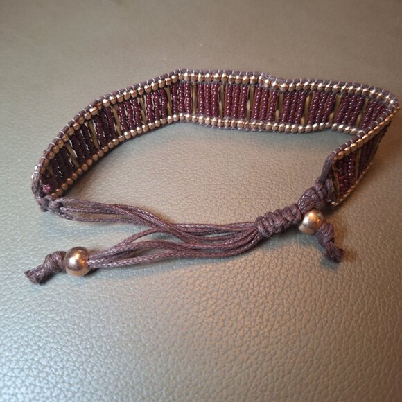 Handcrafted Brown Beaded Bracelet With Gold & Bronze Accents Adjustable Strap Ha - Picture 5 of 10